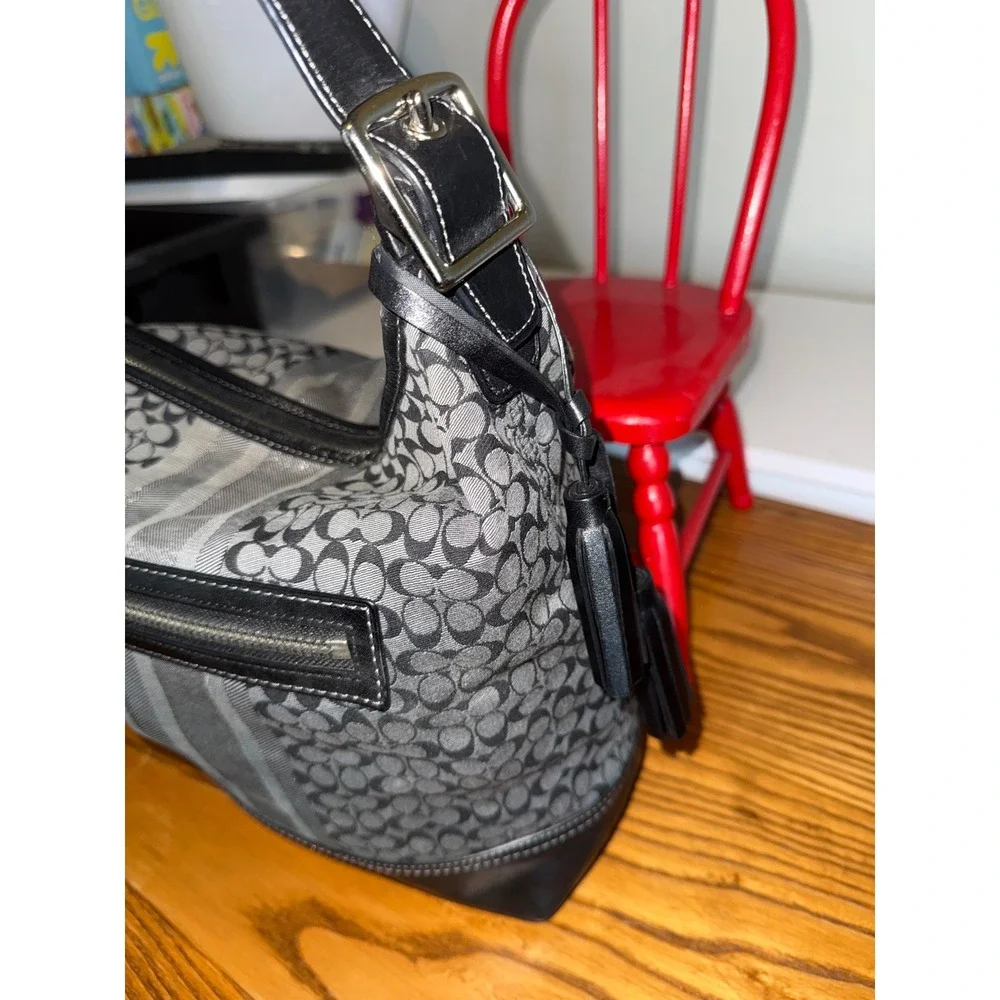 Coach Signature Stripe Crossbody‎ Bag Black Grey Canvas Leather Tassel
